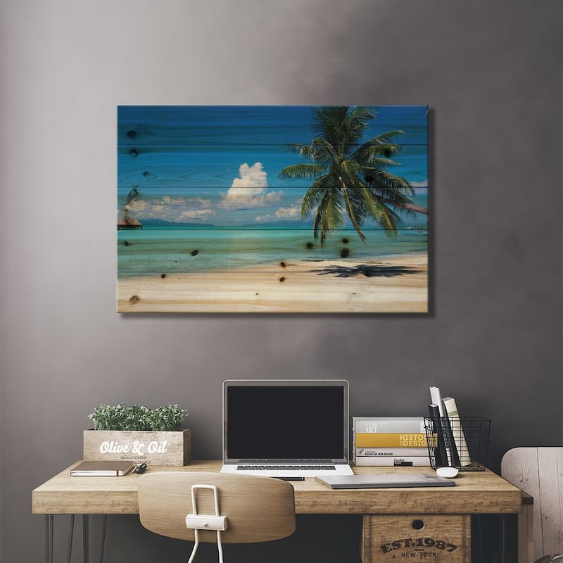 Palm Tree On The Beach, Moana Beach, Bora Bora, Tahiti, French Polynesia Print On Wood by Panoramic Images - Multi-Color