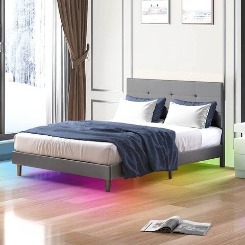 Mixoy Modern LED Bed with Upholstered Faux Leather Bed with 8 Color Changing LED Light, Solid Wooden Slats Support