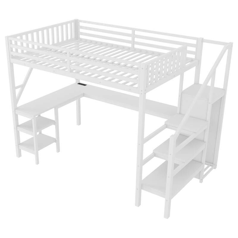 Roomfitters Full/Queen Loft Platform Bed, L-Shaped Desk and LED Wardrobe with Metal Frame for Bedroom or Guest Room