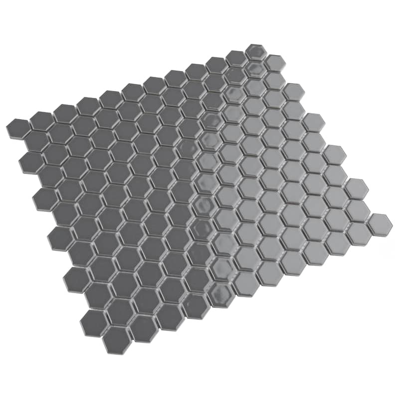 Merola Tile Metro 1" Hex Glossy Grey 10-1/4" x 11-7/8" Porcelain Mosaic Floor and Wall Tile