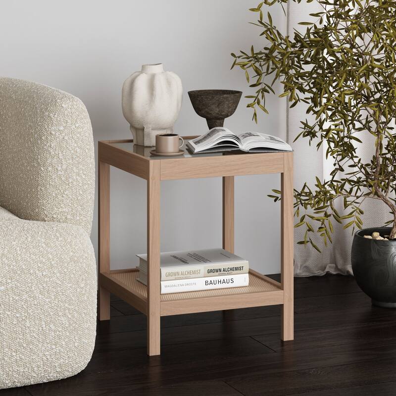 Nathan James Hayes Nightstand, Light Brown Finish, Glass Top