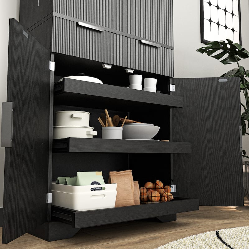 Kitchen Pantry Cabinet, Fluted Kitchen Cupboard with 3 Keyboard Drawers, Tall Storage Cabinet with Adjustable Shelves