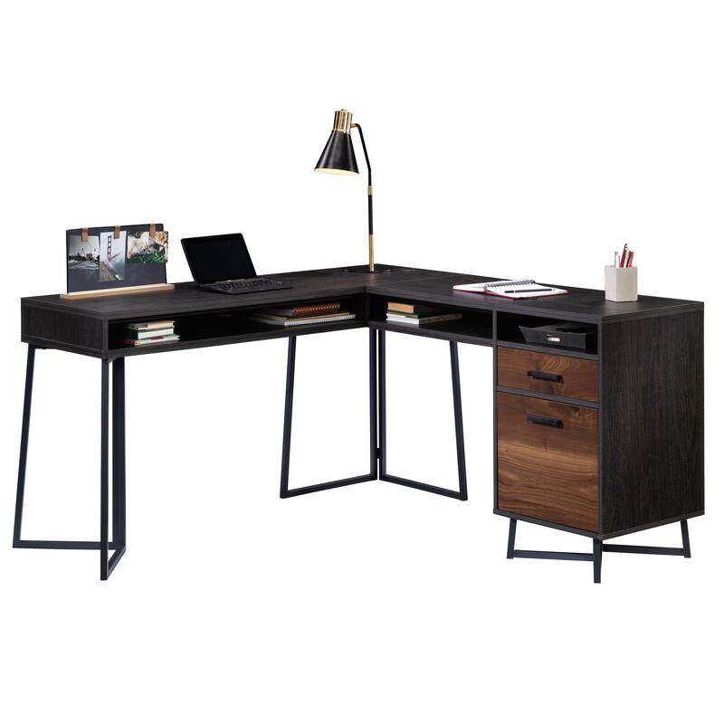 Wood L-Shaped Desk with 2 Drawers and Cubbyholes, Dark Walnut