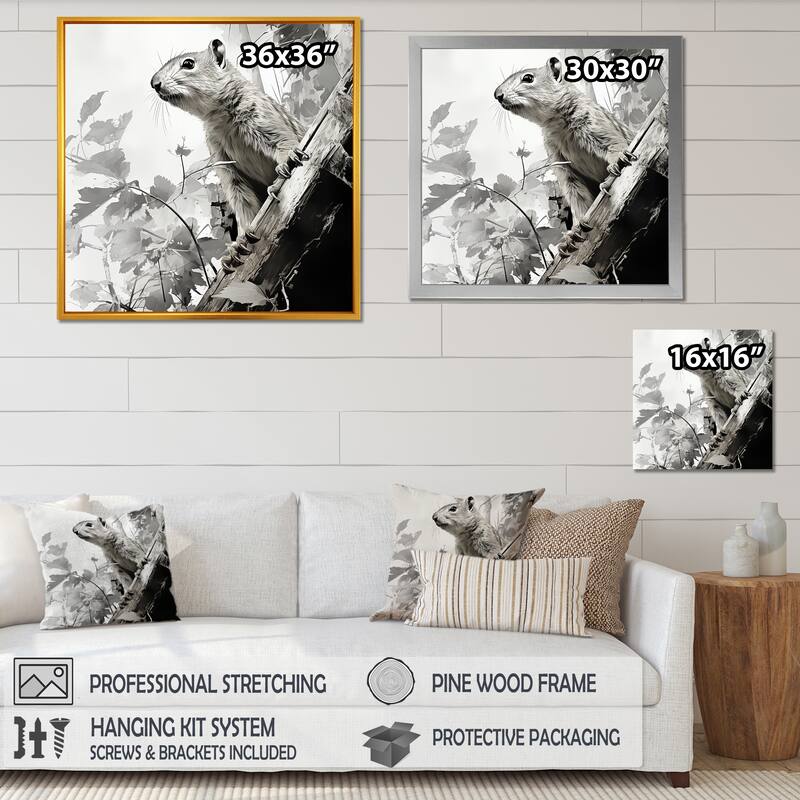 Designart "Black White Squirrel Forest Acrobat I" Squirrel Wall Decor Grey Modern Entryway Framed Wall Art