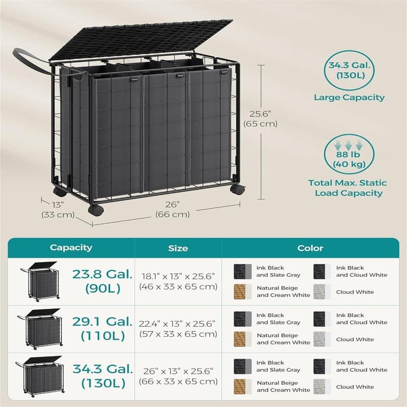 130L Laundry Basket with Lid - 26"L x 13"W x 25.6"H