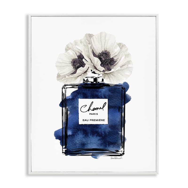 Stupell Deep Blue Fashion Fragrance Bottle Glam Florals Framed Wall Art - 16 x 20 - White