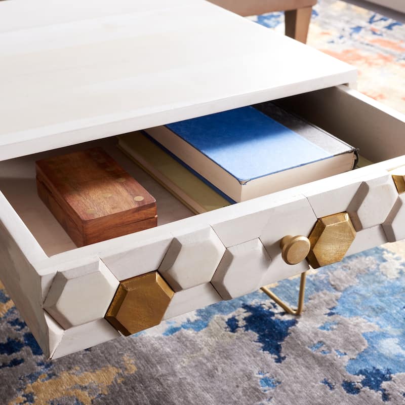 SAFAVIEH Sebahate 1-Drawer 1-Shelf Living Room Coffee Table - 40" W x 21.3" L x 15.7" H - 40Wx21Dx16H - White Wash/Gold