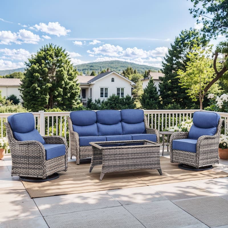Pocassy Outdoor Sofa Patio Swivel Chairs Sets - Grey Wicker Blue Cushion - S-a Swivel Chair with Table Set - 5PCS