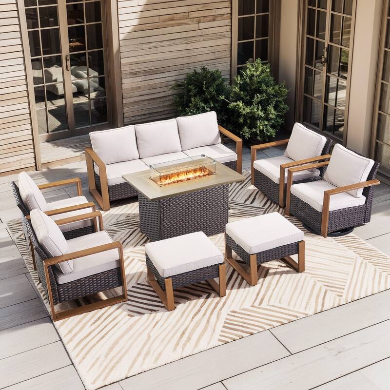 Pocassy 8 Pieces Outdoor Sofa Chair Ottoman with Fire Pit Table Set - Beige cushion - Brown Wicker