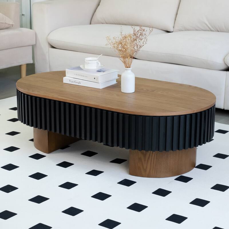 Oval Coffee Table with Hidden Storage, Low Profile Wood Center Table Stylish Tea Table with Solid Wood Veneer & Removable Top