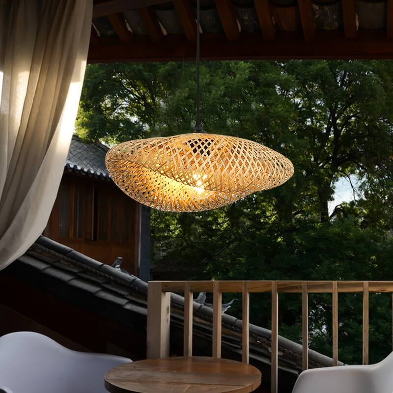 Adjustable Handmade Woven Bamboo Contemporary Farmhouse Rustic Celling Hanging Pendent Lamp Rattan Chandelier for Living Room