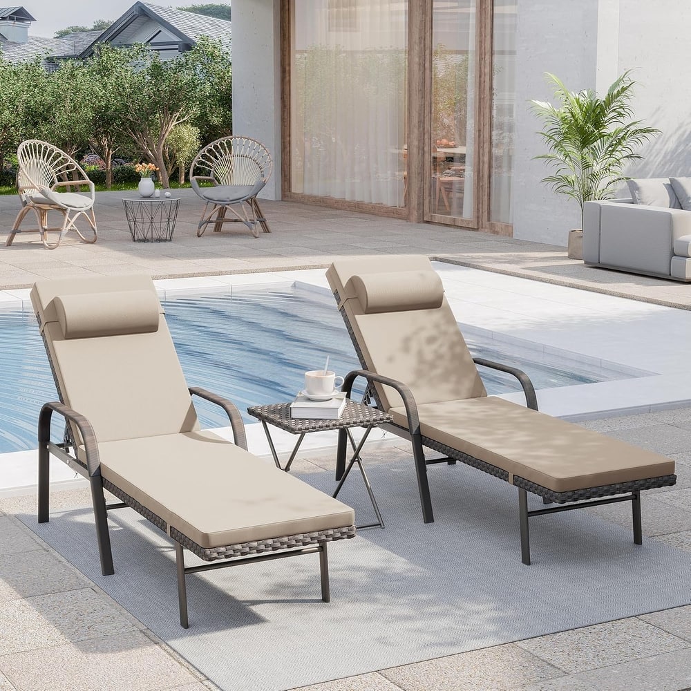 3-Piece Outdoor Wicker Chaise Lounge with Armrests and Cushions
