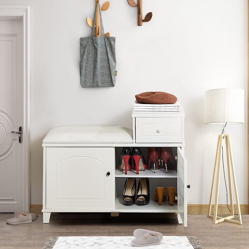 Shoe Storage Bench Cabinet with Fireproof PU Cushion, Double Doors and Movable Drawer Wood - White