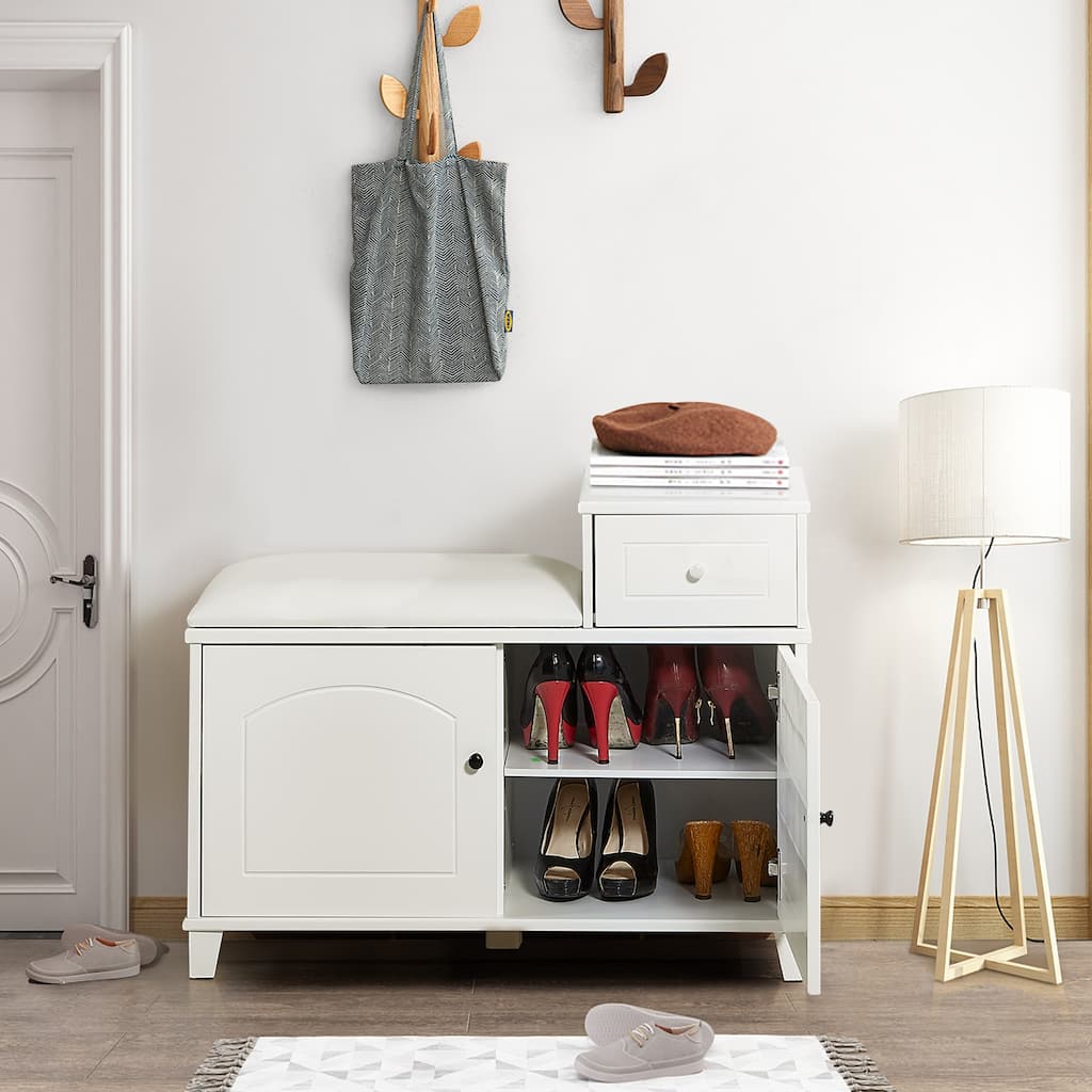 Shoe Storage Bench Cabinet with Fireproof PU Cushion, Double Doors and Movable Drawer Wood