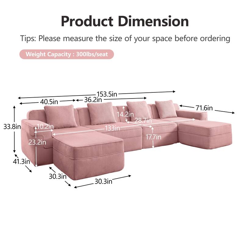 GDFStudio - Corduroy Modular 4-Seater 153.5" U-Shaped Boneless Cloud Sofa with 2 Ottomans