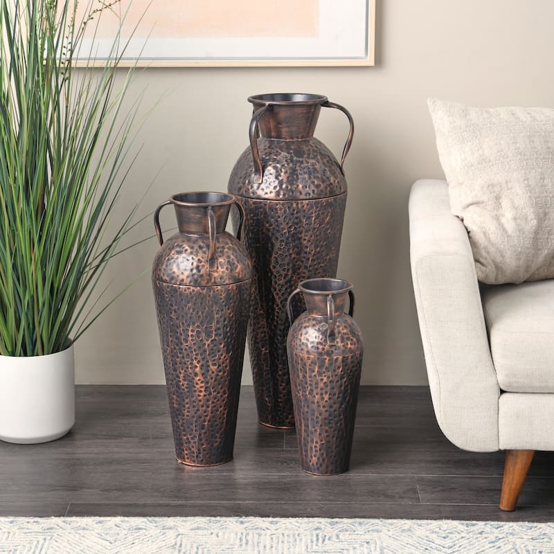 Metal Tall Floor Weathered Amphora Vase with Hammered Details and Handles - Set of 3 Copper - Roche River Decor