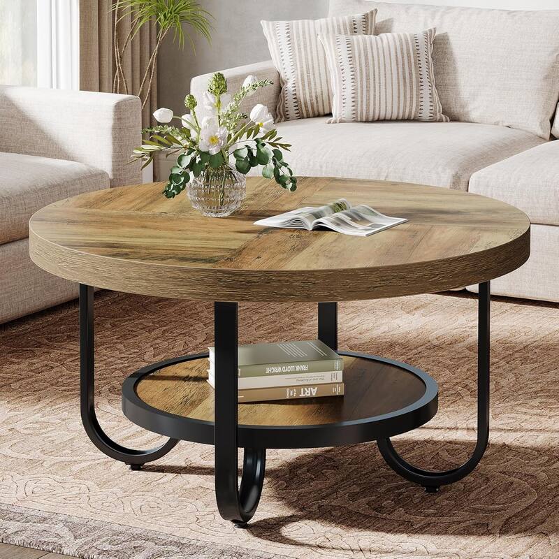 31.1 Inches Brown Engineered Wood Coffee Table, 2-Tier Round Center Table with Metal Legs for Living Room - Brown