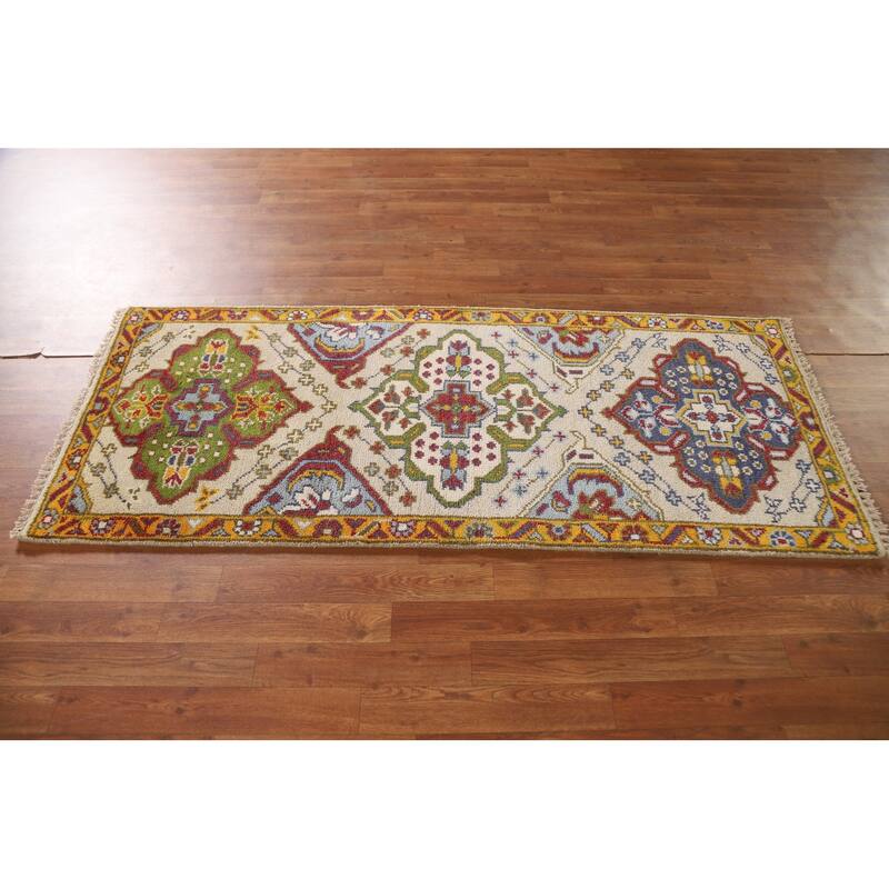 Geometric Beige Kazak Indian Rug Handmade Wool Carpet - 2'7"x 6'0"