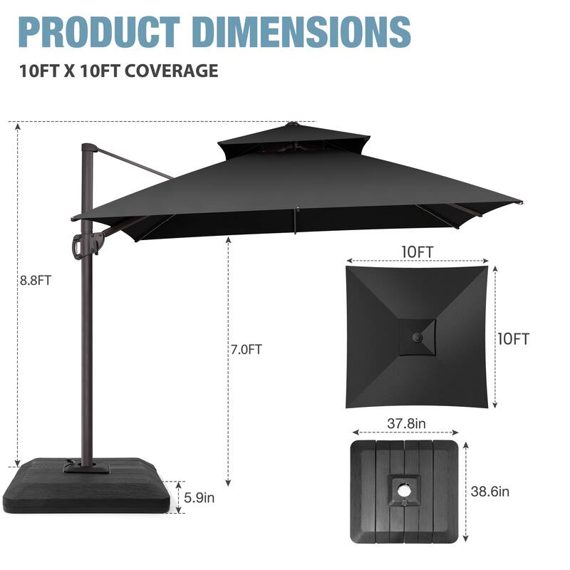 VredHom Double Top 10x10 FT Square Patio Cantilever Umbrella with Weight Base