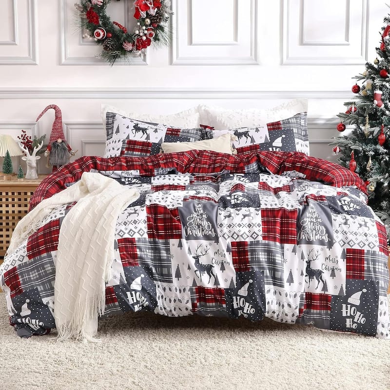 Christmas Plaid Duvet Cover and Pillow Shams Set, Bedding Set - Queen