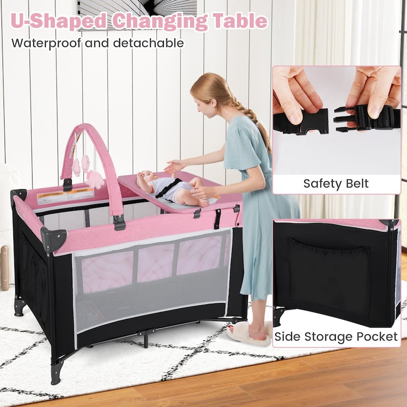 3-in-1 Kids Pack and Play with Changing Table Bassinet, Playpen and Toy Bar - 40.5" x 28" x 28"