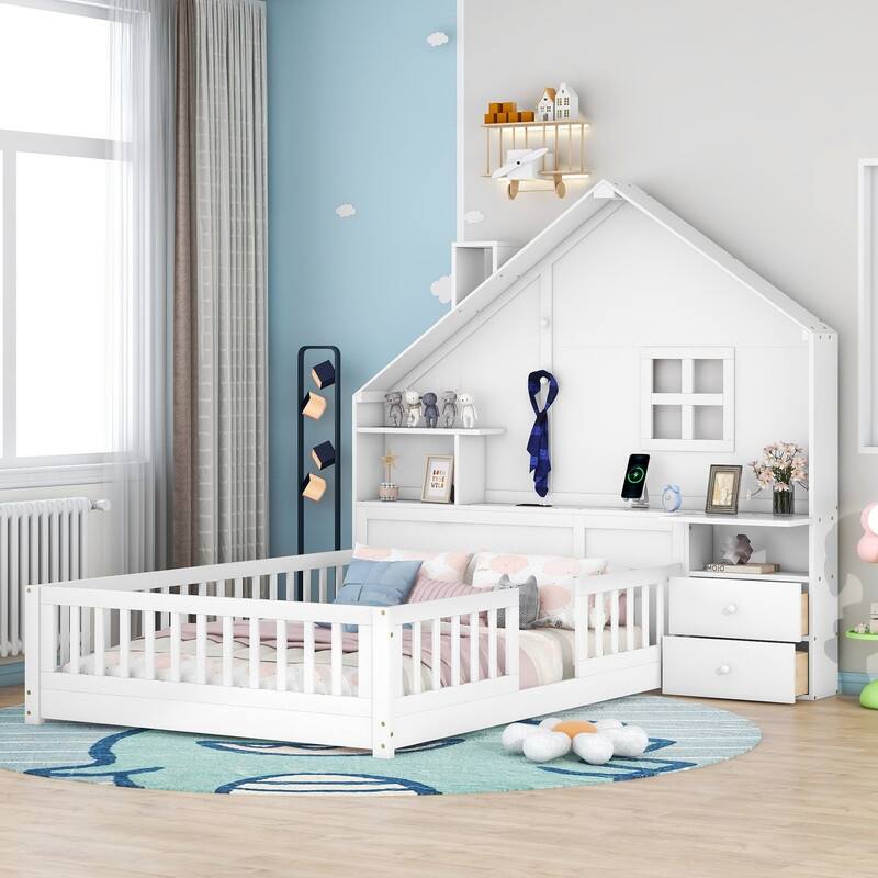 Twin/Full Size House Bed with Window and Bedside Drawers, Kids Montessori Bed Playhouse Bed Frame with Shelves and USB Port - White - Full