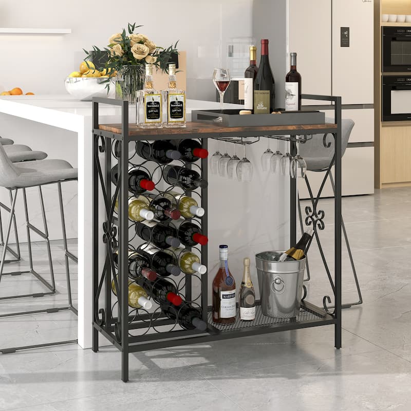 21 Bottle Wine Rack Floor Stand with Glass Holder and Storage Shelf