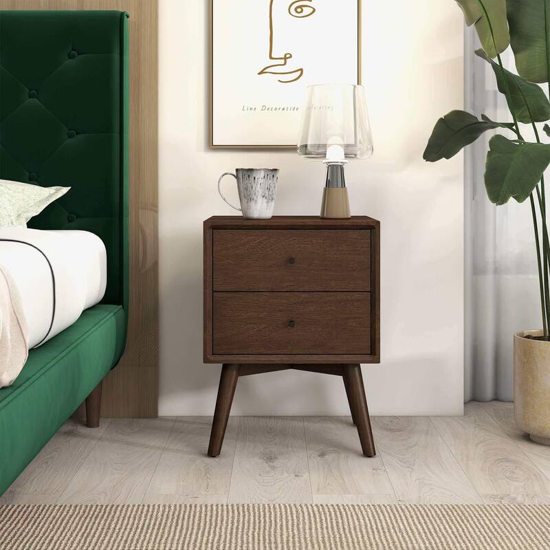 GDFStudio - Caroline Modern 2-Drawer Solid Wood Nightstand with Walnut Finish for Bedroom or Living Room