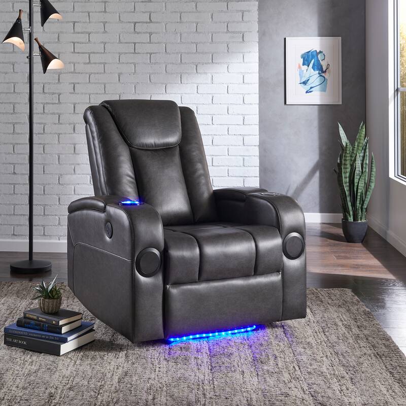 Terlingua Gray Vegan Leather LED Power Recliner with Speaker, Storage, USB and Wireless Charger by iNSPIRE Q Classic
