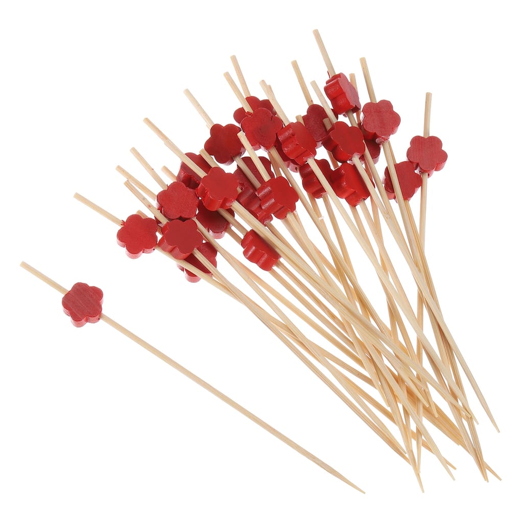 Bamboo Cocktail Toothpicks Red Flower Drink Picks Skewer 100Pcs - 4.72"