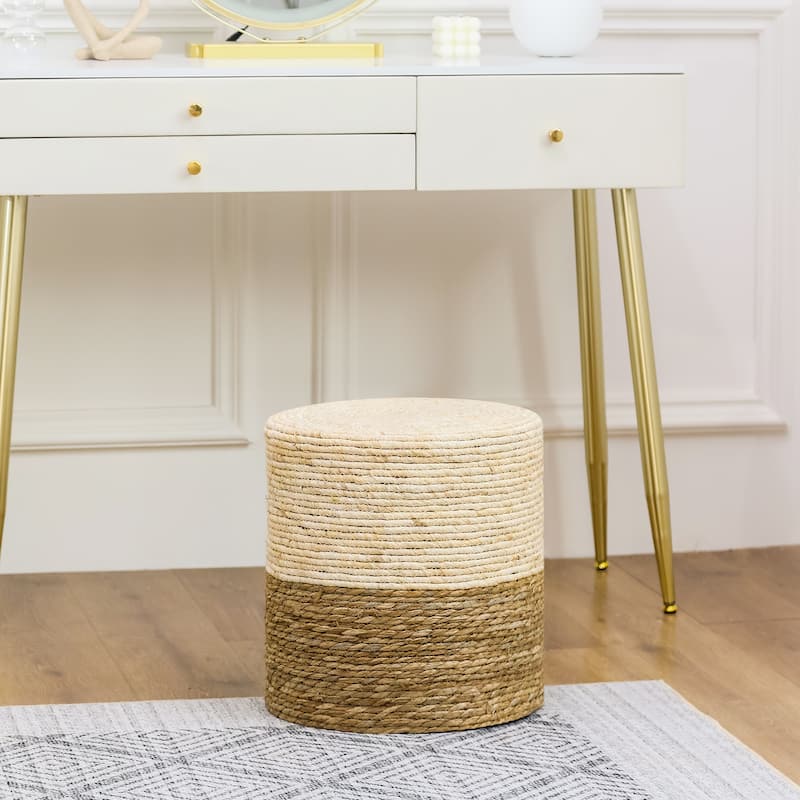 Adeco Round Ottoman Natural Cattail Hand Weave Foot Stool - 14.5" Height - Beige&Natural
