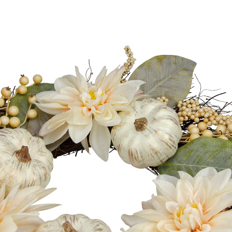 Dahlia and Pumpkin Fall Artificial Floral Wreath, 22-Inch