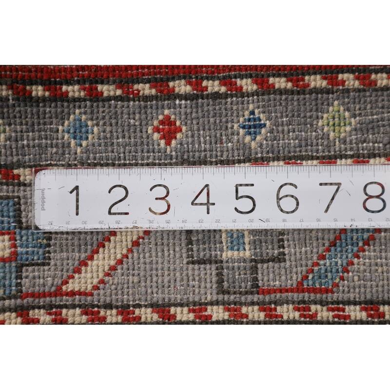 Light Blue Geometric Kazak Foyer Rug Hand-Knotted Wool Carpet - 3'6" x 5'3"