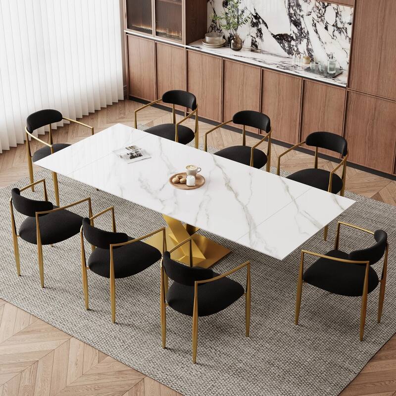 9 - Piece 94.48'' Modern Minimalist Extendable Sintered Stone Top Dining Set with 8 Fabric Chair - Himalayas white Top/Black&Glod chair