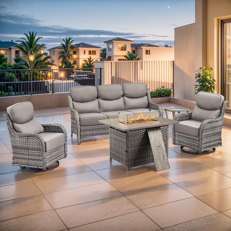 Pocassy Outdoor 6 Inch Sofa Chair Ottoman with Fire Pit Table Set - Grey Wicker Gray Cushion - 5 Pieces Sofa Chair Table with Fire Table