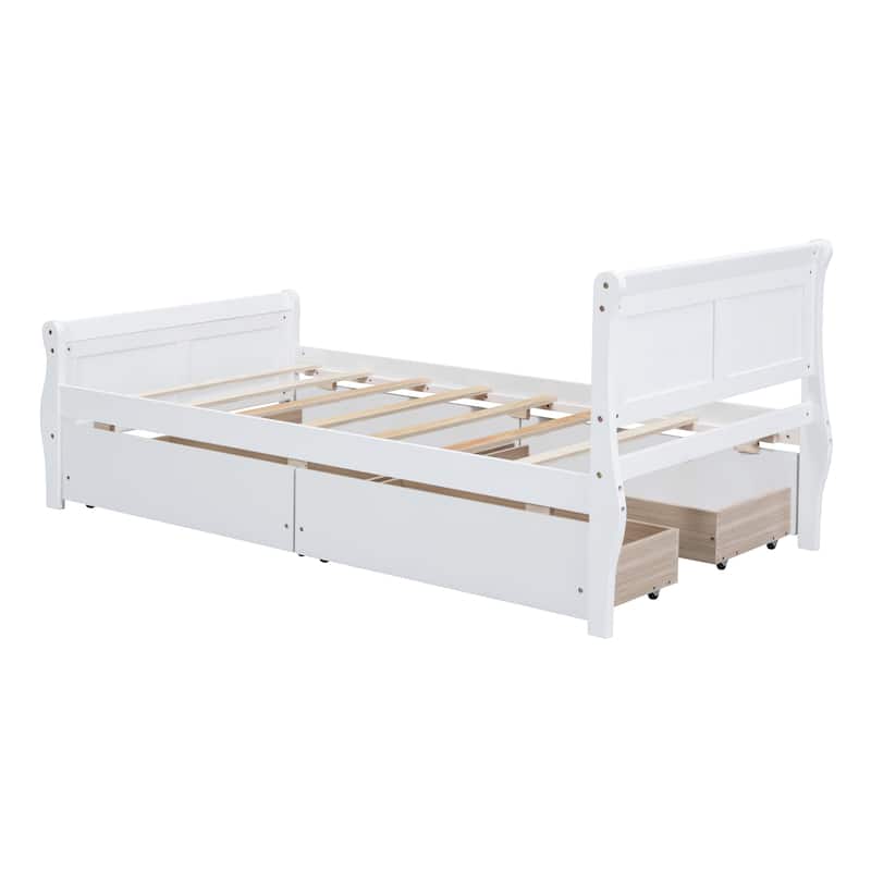 Twin Size Wood Platform Bed with 4 Drawers and Streamlined Headboard & Footboard