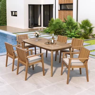 7-Piece Acacia Wood Outdoor Dining Set - 70.75" Table & 6 Chairs with Removable Cushions for Patio Garden