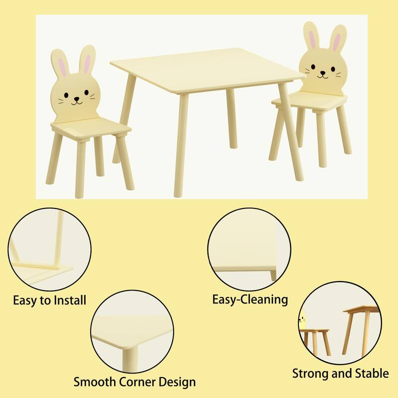 Anmytek Toddler 3-Piece Wooden Table and Chair Set Kids Activity Desk with Animal Backrest for Playroom Nursery