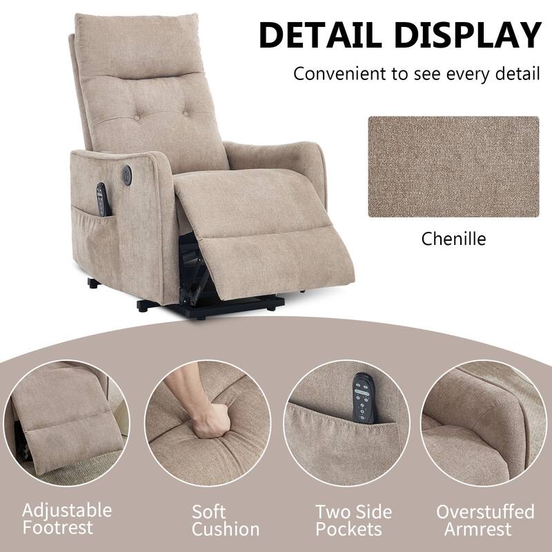 Chenille Single Motor Power Lift Recliner Chair with Massage and Heat for Elderly, Heavy Duty Motion Mechanism and One USB
