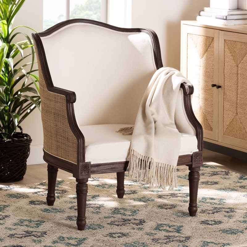 bali & pari Ornella Traditional French Beige Fabric and Dark Brown Finished Wood Accent Chair