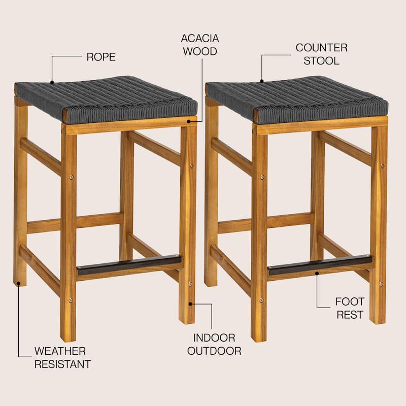 Armand Backless Acacia Wood Outdoor Stool with Woven Rope Seat, (Set of 2)
