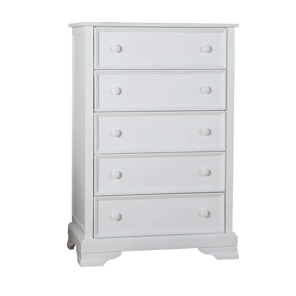 Toli Tall Dresser Chest, 5 Drawers w Round Knobs, White Solid Hardwood