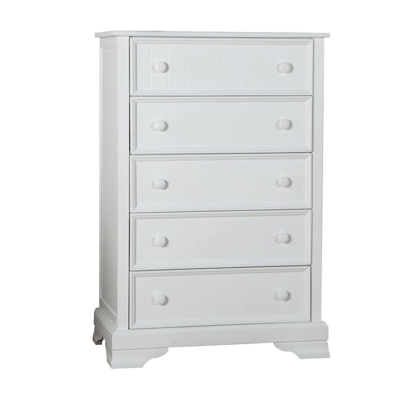 Toli Tall Dresser Chest, 5 Drawers w Round Knobs, White Solid Hardwood