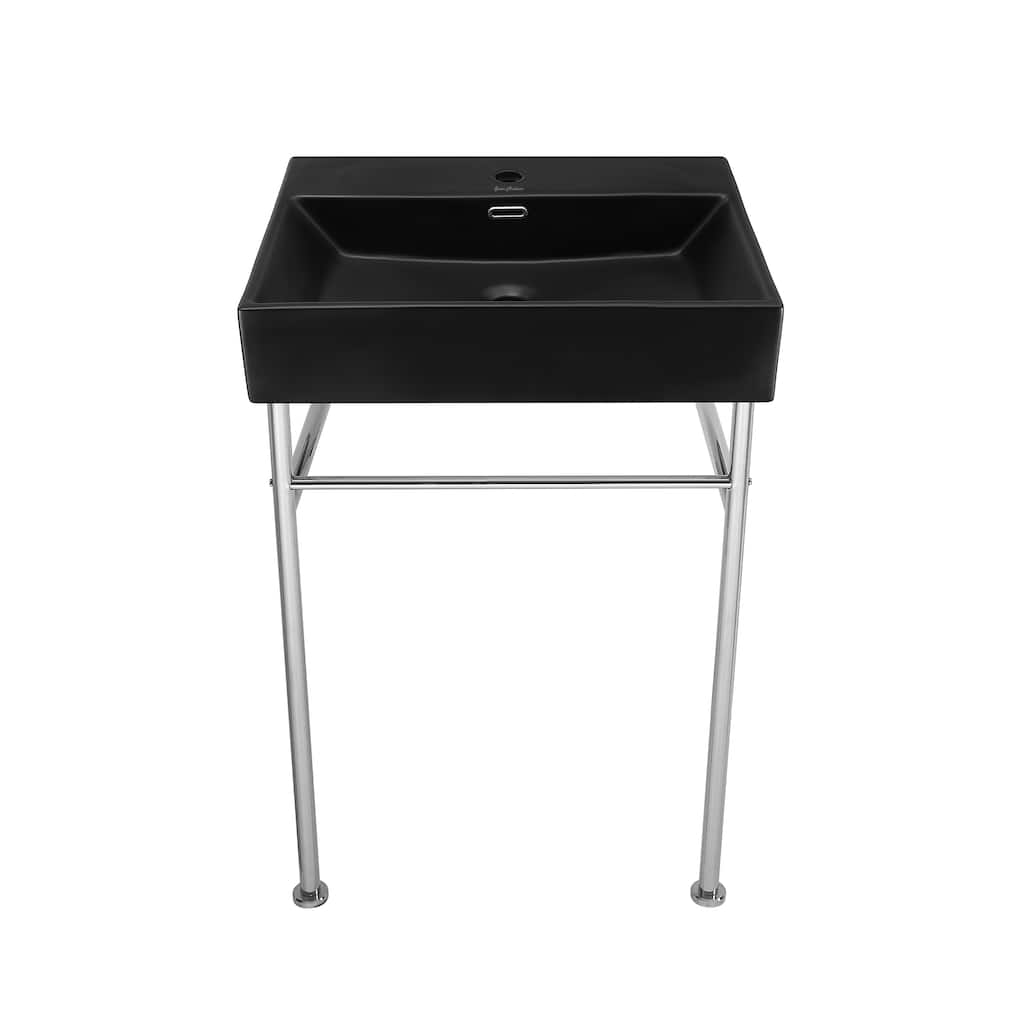 Reims 24 Ceramic Console Sink Matte Black Basin Chrome Legs - 16.55" x 35.45" 24"