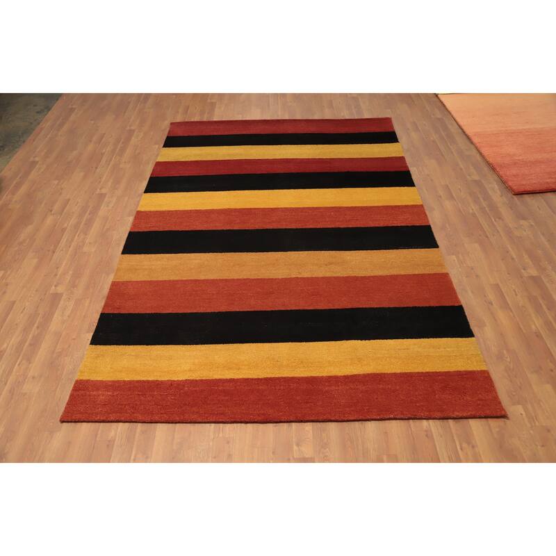 Hand Knotted Oriental 100% Wool Carpet Modern Stripe Oranges & Rust Gabbeh Area Rug - 9' 4'' X 6' 4''