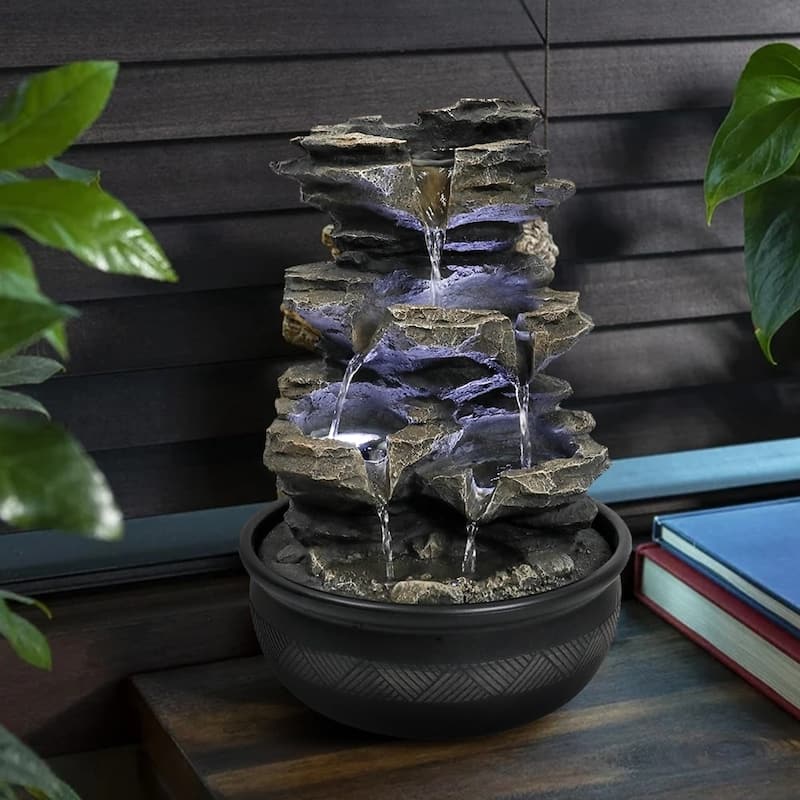 Indoor Tabletop 5-Tier Fountain Waterfall Fountains Stacked Rocks Water Feature Relaxation Desktop Fountain for Home,Office