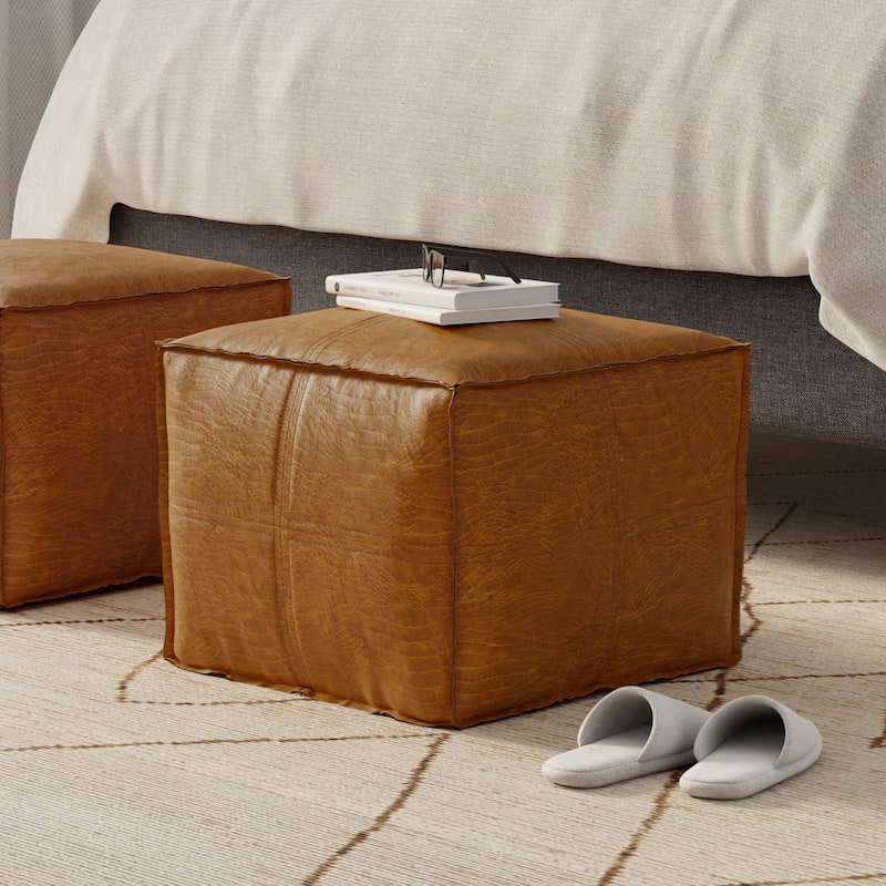 WYNDENHALL Wendal Boho Square Pouf in Faux Leather - 18"w x 18"d x 14"h - Tan