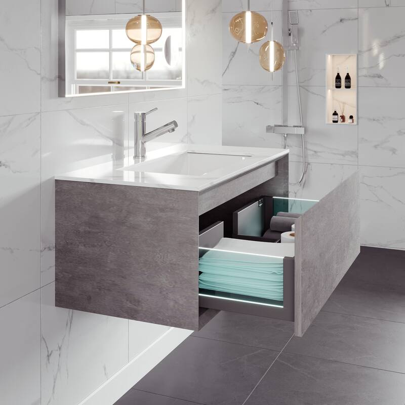 Eviva Aurora 36" Concrete Gray Wall Mount Bath Vanity with Carrara Quartz Top