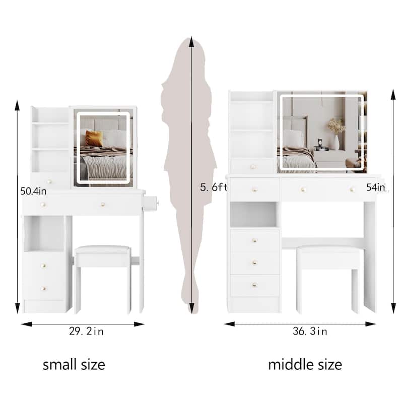 29.2"Small Size Drawer Desktop Vanity Table+Cushioned Stool,2 AC+2 USB Power Station,Hair dryer bracket,Touch Control LED Mirror