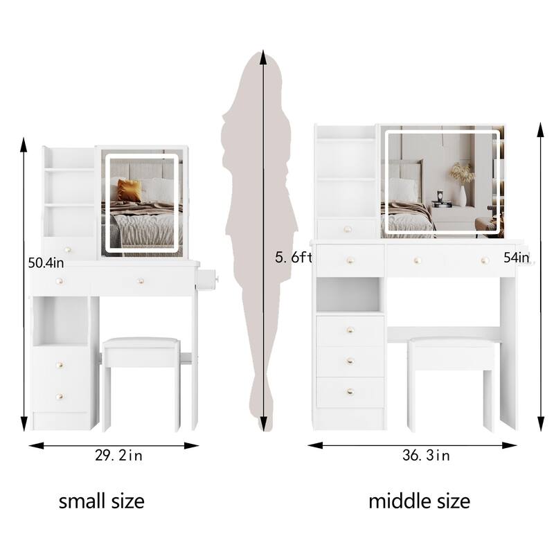 Small Vanity Desk with Sliding Mirror and LED Lights, Makeup Dressing Table with Drawers, Stool & Hair Dryer Bracket